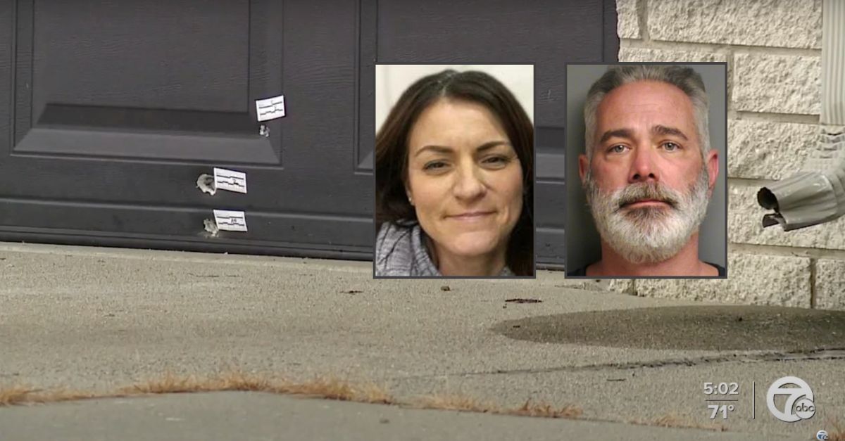 Matthew Louis Mollicone, right inset, was sentenced in the death of his wife, Kimberly Ann Mollicone, left inset. (Victim photo from her obituary; mug shot from the Macomb County Sheriff's Office; crime scene screenshot with bullet holes in the garage from WXYZ/YouTube)