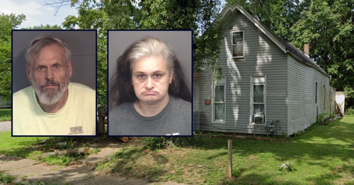 Frederick Groves, inset left; and Carmen Groves, inset right; in front of a picture of the house where they allegedly left the woman