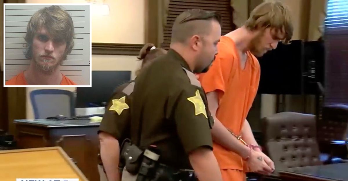 Inset: Jesse A. Sartin (Dearborn Prosecutor's Office). Background: Sartin bein escorted into court on Aug. 5 (WXIX).