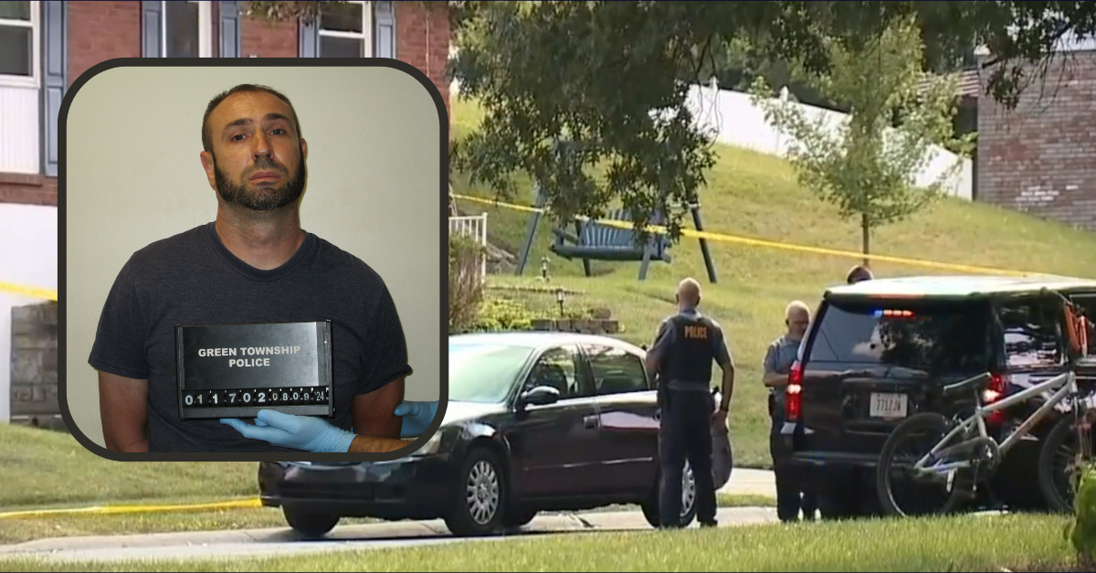 Inset: Kenneth Mortimer (Green Township Police Department). Background: Police respond to the scene where they say he stabbed his mother and father (Screenshot: WCPO).
