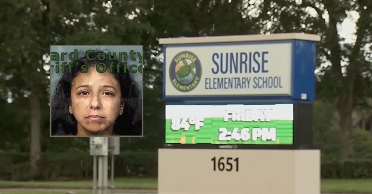 Inset: Beatriz Rapisarda (Brevard County Sheriff). Background: Sunrise Elementary School (WFTV).