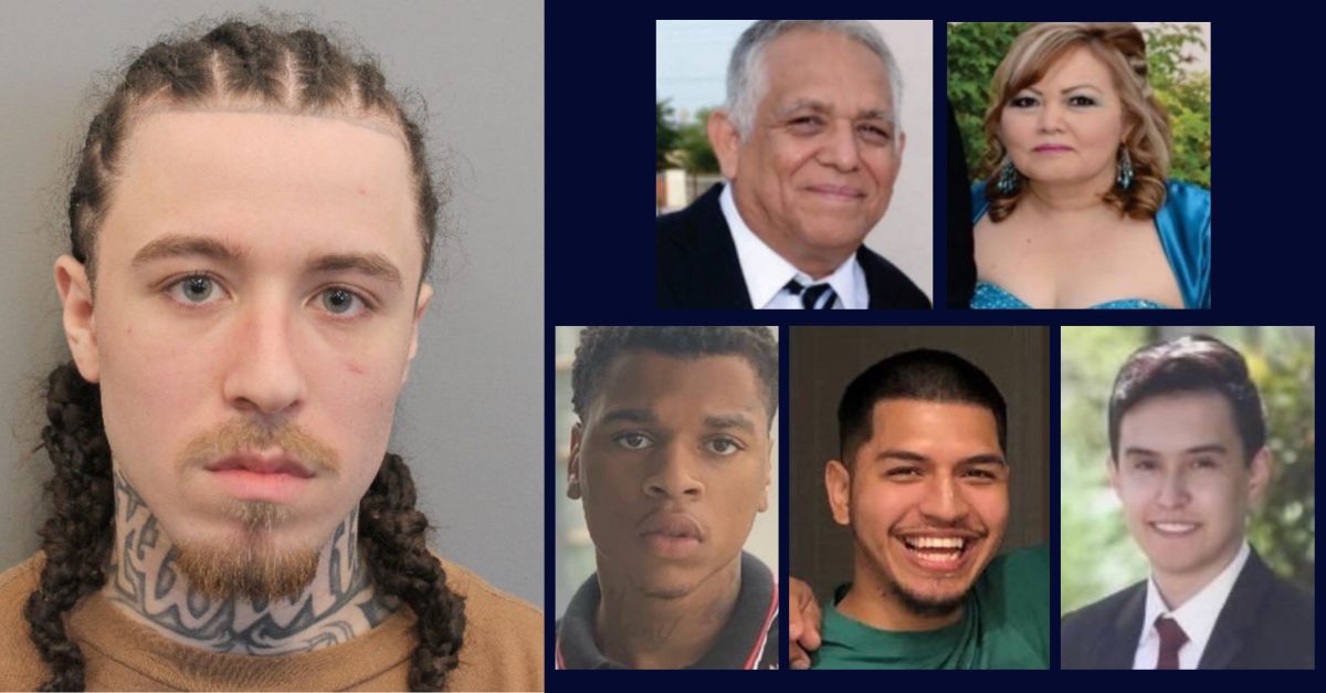 Christian Ivan Cavazos, on the left; five fatal victims of his 2019 crime spree, on the right