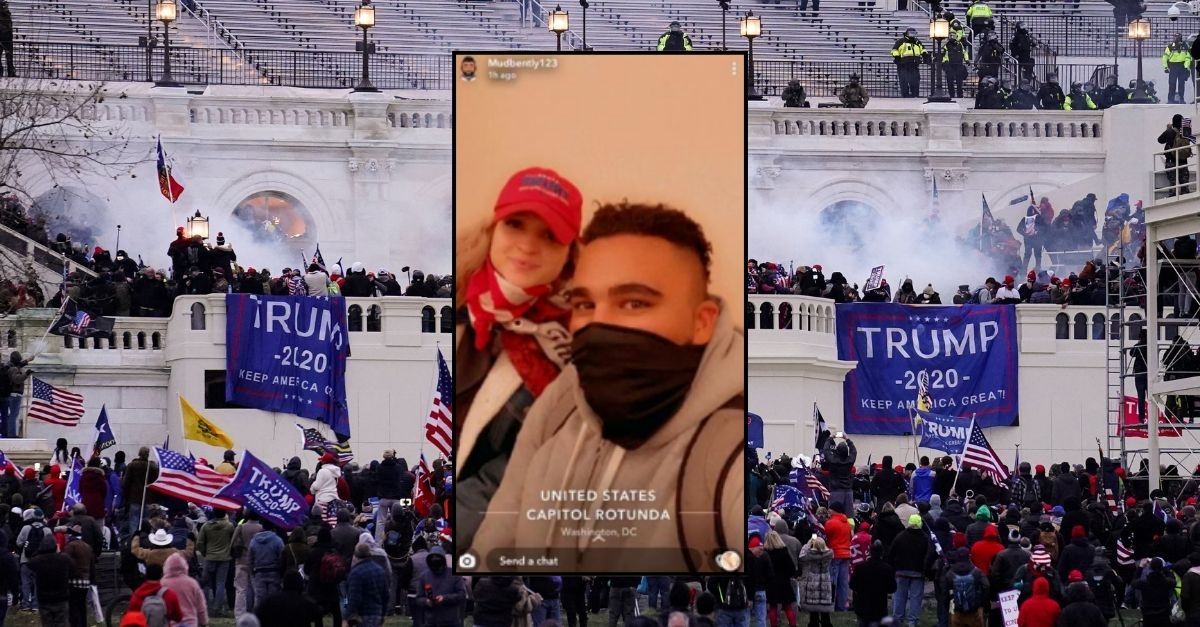  FILE - Violent rioters loyal to President Donald Trump storm the Capitol in Washington on Jan. 6, 2021. (AP Photo/John Minchillo, File). Inset: Celena Belton, left, and Bennett Blair inside the U.S. Capitol (Dept. of Justice court filing). 