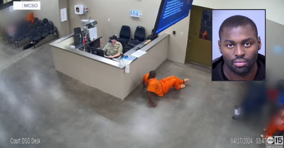  Justin Avery is allegedly seen crawling past an officer at the Maricopa County Sheriff's Office Intake Transfer and Release Facility (Maricopa County Sheriff's Office/KNXV/YouTube). Inset: Justin Avery (Maricopa County Sheriff's Office). 