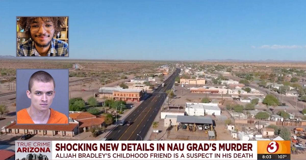 Top inset: Alijah Bradley (GoFundMe). Bottom inset: Samuel Bush (Maricopa County Sheriff's Office). Background: Gila Bend, the location where Bradley's body was found (Arizona's Family).