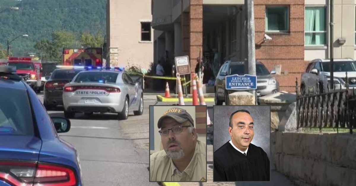  Shawn Stines (CBS/YouTube) and Kevin Mullins (Kentucky Court of Justice via AP). Background: Outside the Letcher County Courthouse in Kentucky (WHAS).