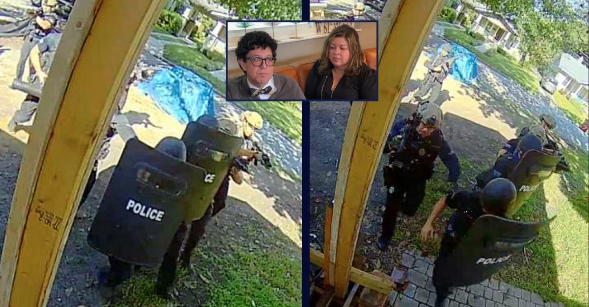 These photos show officers on a SWAT team raiding a wrong home in Florida, according to a lawsuit filed by the couple who lived in the home (court documents). Background: Christian and Laurie Ann Campbell (WESH/YouTube).