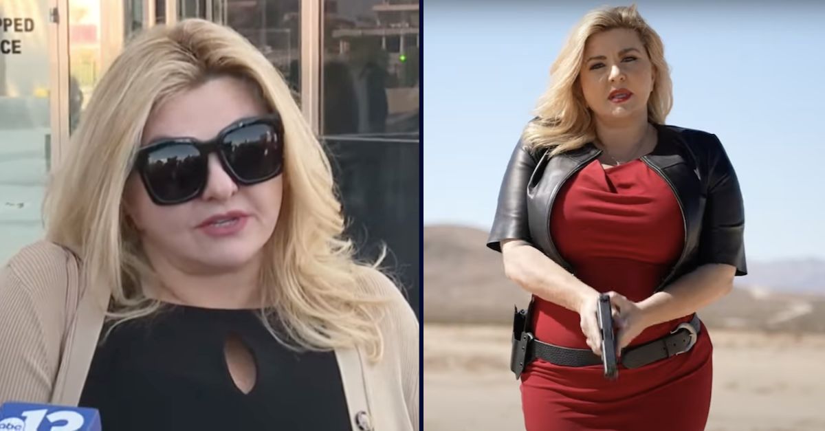 Left: Michele Fiore speaks after her conviction for defrauding donors (KTNV/YouTube). Right: Michele Fiore campaign ad (YouTube).