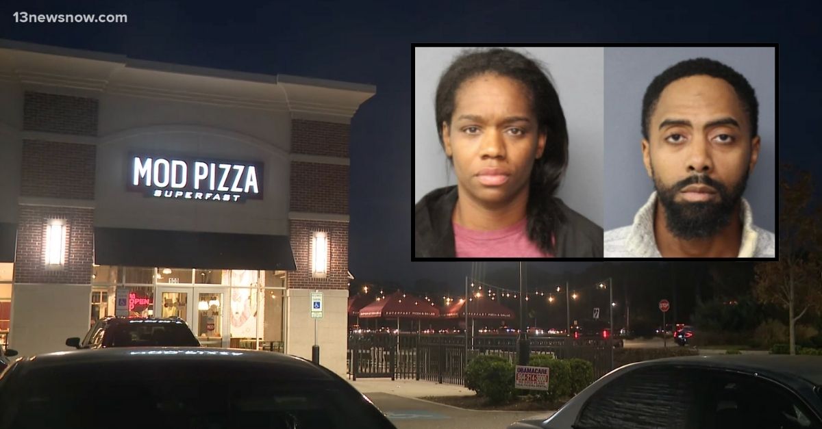 Inset: Suspects Catherine and Corey Harper (Norfolk City Jail/WAVY/YouTube). Background: The pizza shop where the Harpers allegedly committed their attack (WAVY/YouTube).