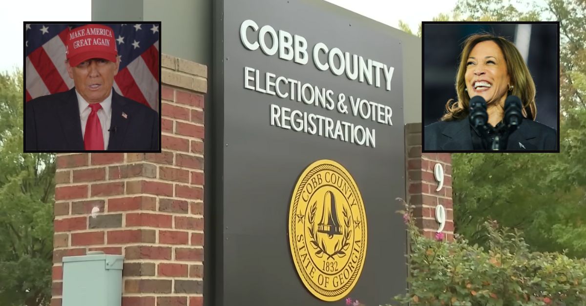 Background: Cobb County Elections & Voter Registration (WXIA/YouTube). Inset left: Right: Donald Trump in a political ad that aired on NBC on Nov. 3, 2024 (X/Donald J. Trump). Inset right: Democratic presidential nominee Vice President Kamala Harris speaks at a campaign rally at Little Chute High School, Friday, Nov. 1, 2024, in Little Chute, Wis. (AP Photo/Alex Brandon).