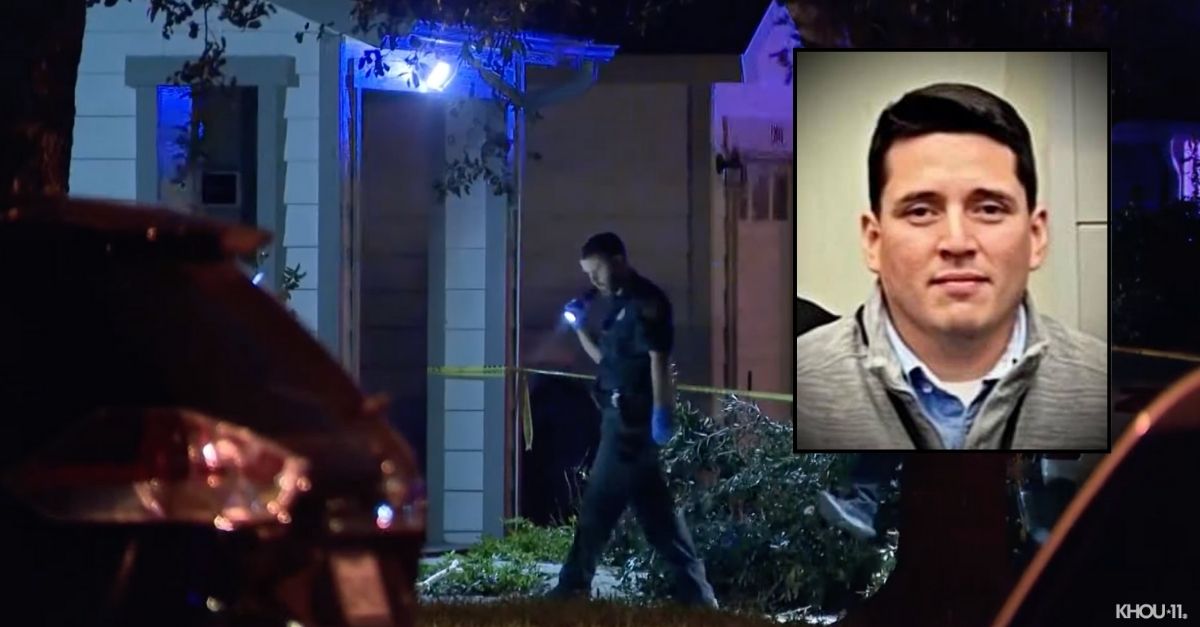 Inset: Murder victim and ISD police dispatcher Jose Torres (SBISD Police Department). Background: Authorities at the home of Jose Torres on Friday, Nov. 15 (KHOU/YouTube).