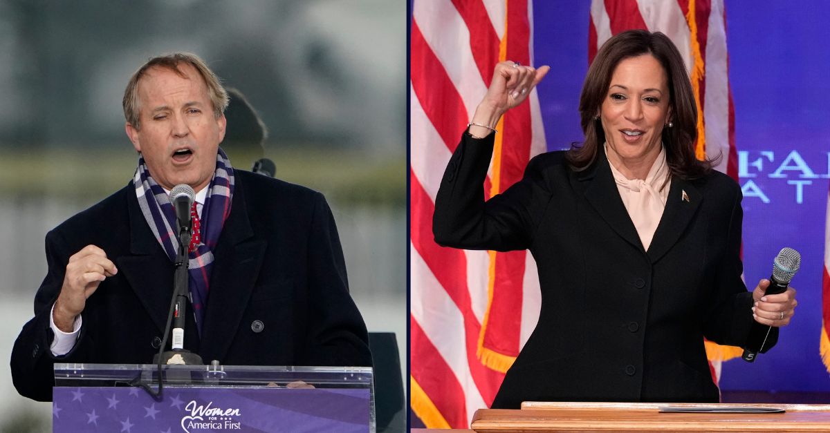 Left: FILE - Texas Attorney General Ken Paxton speaks at a rally in support of President Donald Trump called the "Save America Rally" in Washington on Jan. 6, 2021. (AP Photo/Jacquelyn Martin, File). Right: Right: Democratic presidential nominee Vice President Kamala Harris speaks during a church service and early vote event at Divine Faith Ministries International, Sunday, Oct. 20, 2024, in Jonesboro, Ga. (AP Photo/Jacquelyn Martin). 