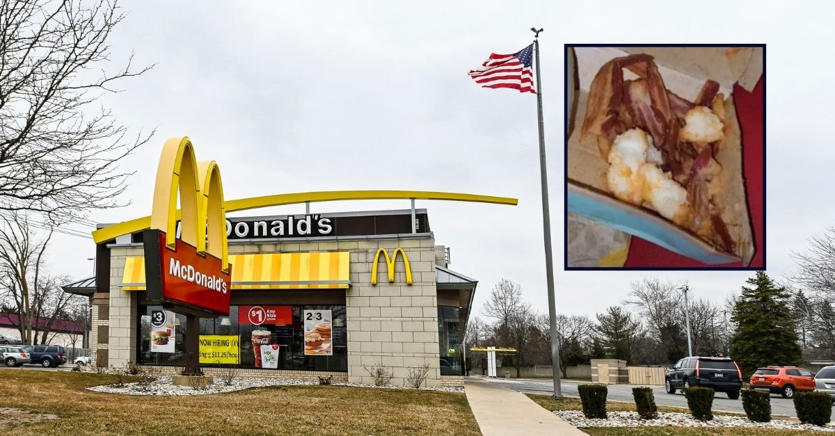 An image of a fish sandwich stuffed with bacon inset against an image of a McDonald