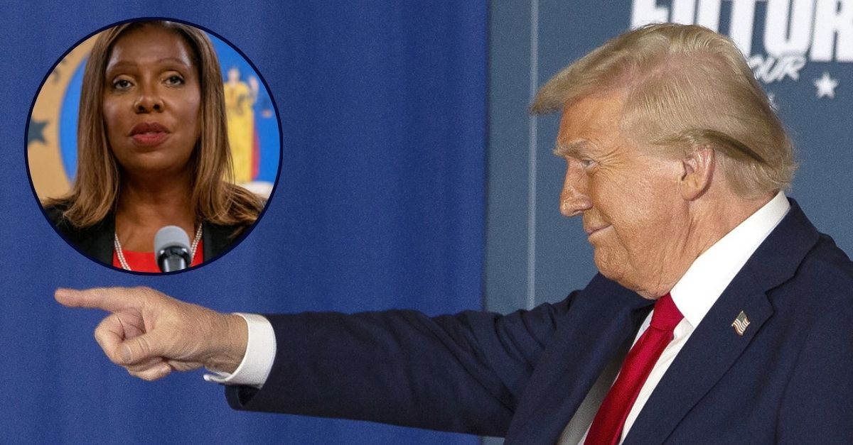 Letitia James appears inset in an image; Donald Trump points to the left.