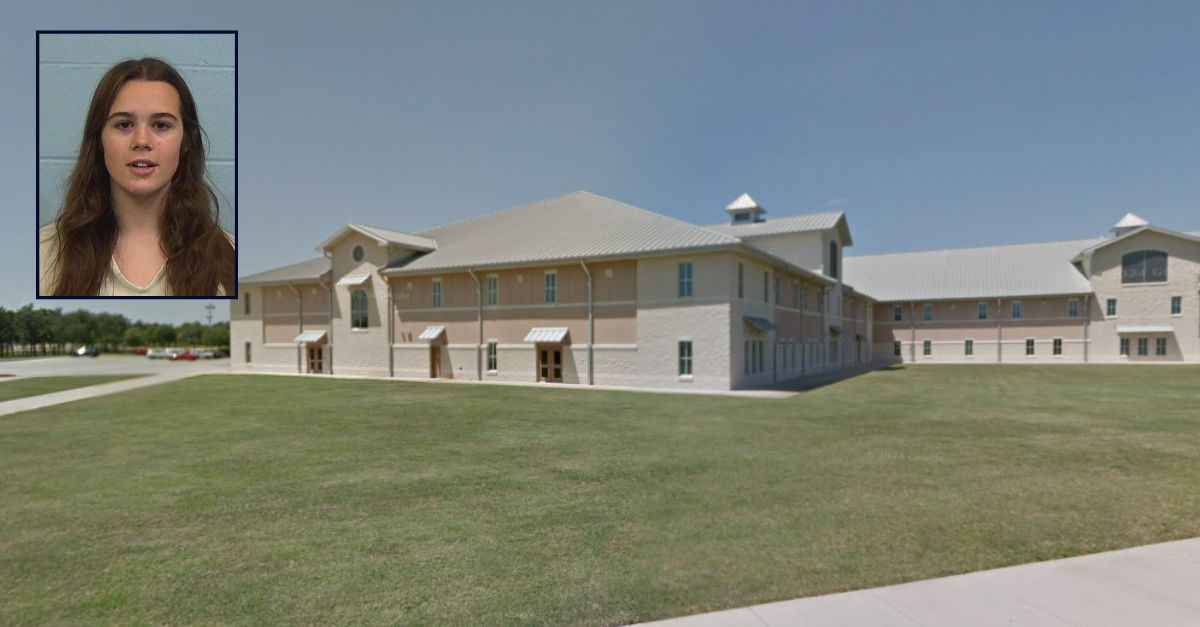 Background: Vista Ridge High School, Cedar Park, Texas (Google Maps). Inset: Aubrey Vanlandingham (Williamson County Sheriff