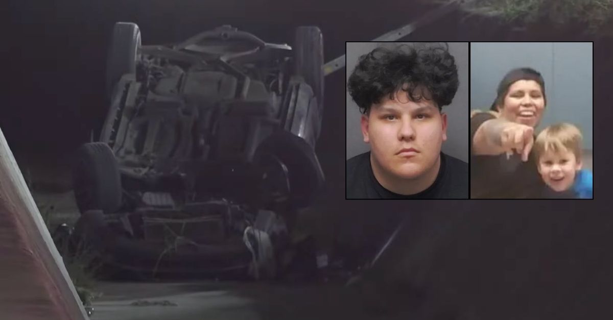 Insets: Nicholas Hernandez and victim Julie Marie Butcher (Bexar County Jail/GoFundMe). Background: The Julie Butcher crash scene (KENS/YouTube).