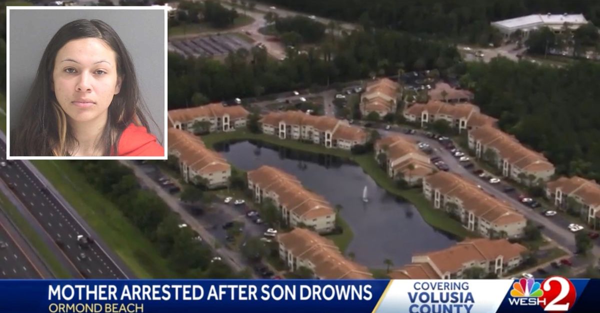 Inset: Myra O. Santiago (Volusia County Jail). Background: The apartment complex and retention pond where Santiago