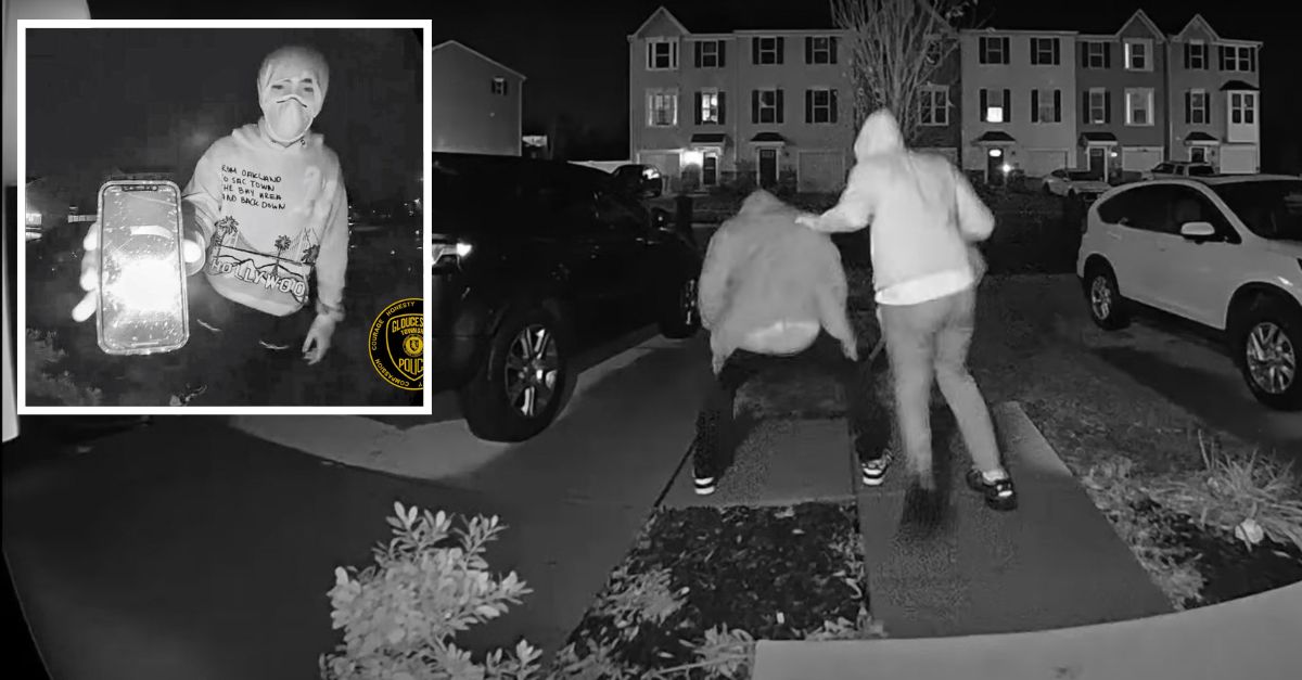 Main: Suspected New Jersey porch pirates filmed "twerking" after stealing packages from home. Inset: One of the suspects returning two days later to complain about footage of the theft being posted online (Gloucester Township Police).