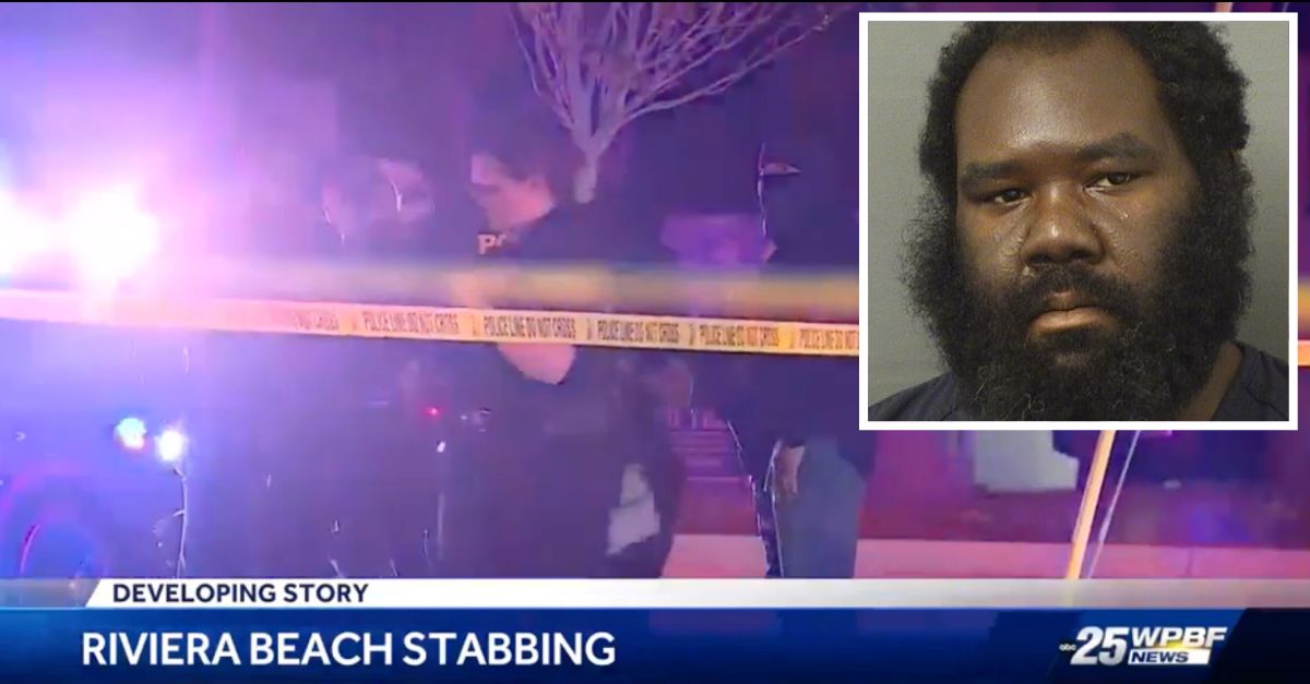 Inset: Roosevelt Loray Johnson (Riviera Beach Police Department). Background: The scene where he allegedly killed a stranger using a barbecue fork (WPBF).