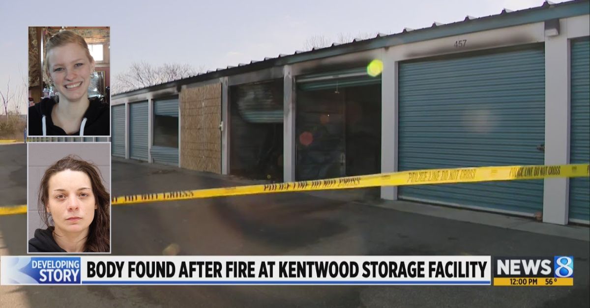 Top inset: Corinne Abosamra (Borek Jennings Funeral Homes). Bottom inset: Morgan Wingeier (Kent County Jail). Background: The storage unit where Abosamra