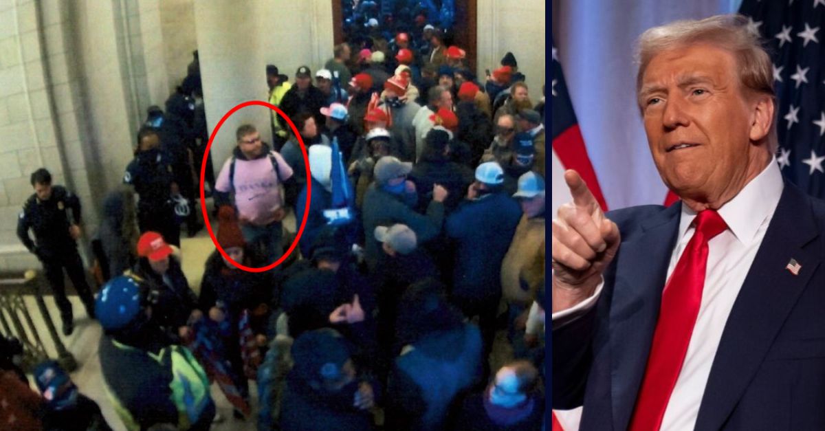 Left: Jan. 6 defendant Eric Peterson inside the U.S. Capitol (Department of Justice). Right: President-elect Donald Trump arrives to speak at a meeting of the House GOP conference, Wednesday, Nov. 13, 2024, in Washington. (AP Photo/Alex Brandon).