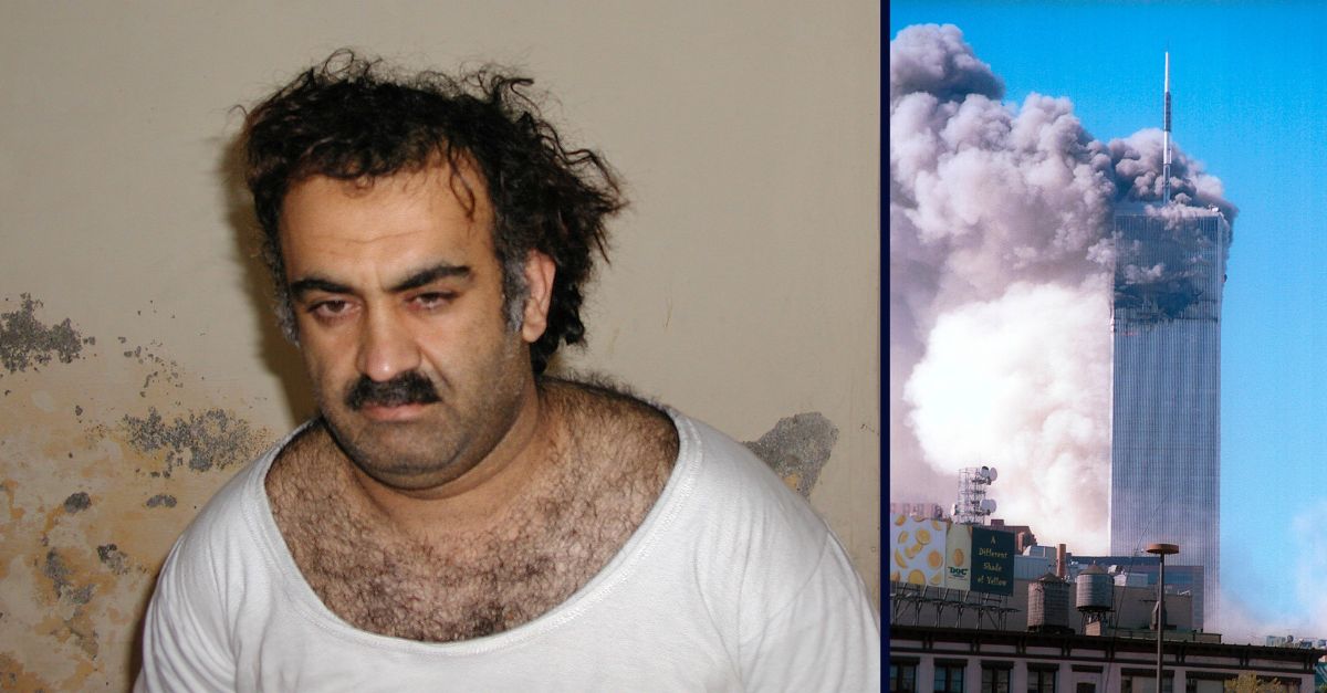 Left: Khalid Sheikh Mohammed, the alleged Sept. 11 mastermind, is seen shortly after his capture during a raid in Pakistan Saturday March 1, 2003 in this photo obtained by the Associated Press (AP Photo). Right: The Twin Towers at The World Trade Center collapse to the ground after hijackers crashed planes into both buildings (AP Photo).