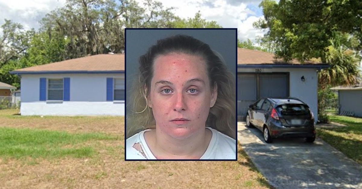 Megan Mileskiewicz appears inset against a residence where she was arrested in Florida.