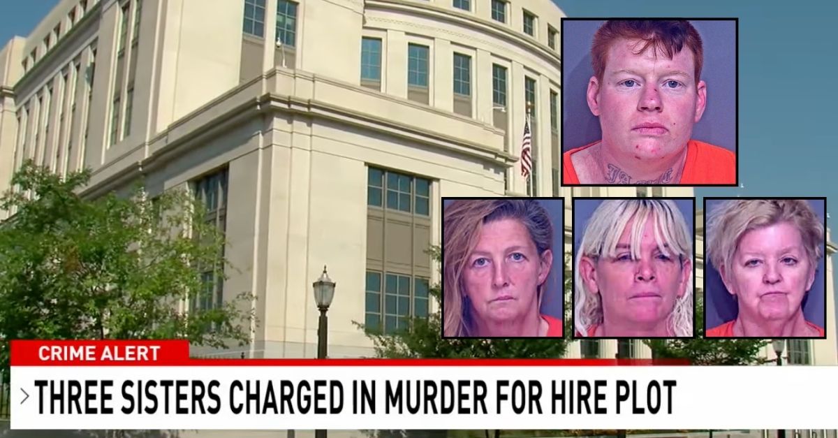 Insets: Rebecca Murphy, Sandra Grimes, Mitzy Smith and Judy Owens (Baldwin County Corrections Center). Background: Mobile Federal Courthouse (WPMI/YouTube). 