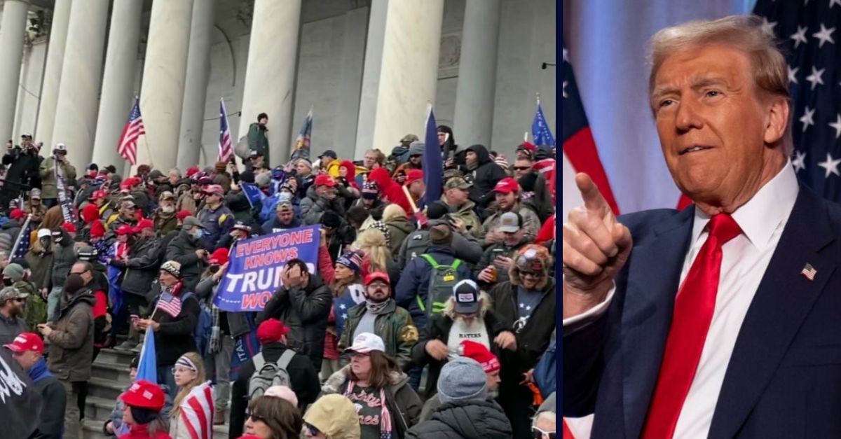 Left: Jan. 6 rioters during the 2021 Capitol attack (Department of Justice). Right: President-elect Donald Trump arrives to speak at a meeting of the House GOP conference, Wednesday, Nov. 13, 2024, in Washington. (AP Photo/Alex Brandon).