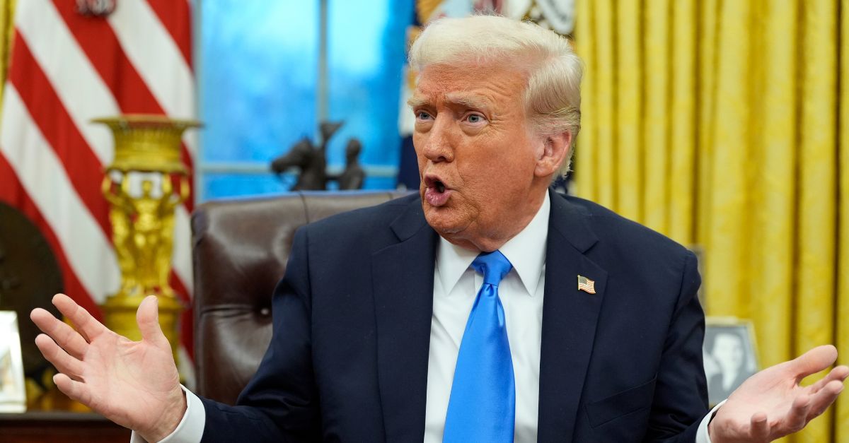 President Donald Trump speaks with reporters in the Oval Office at the White House, Tuesday, Feb. 11, 2025, in Washington. (AP Photo/Alex Brandon) 