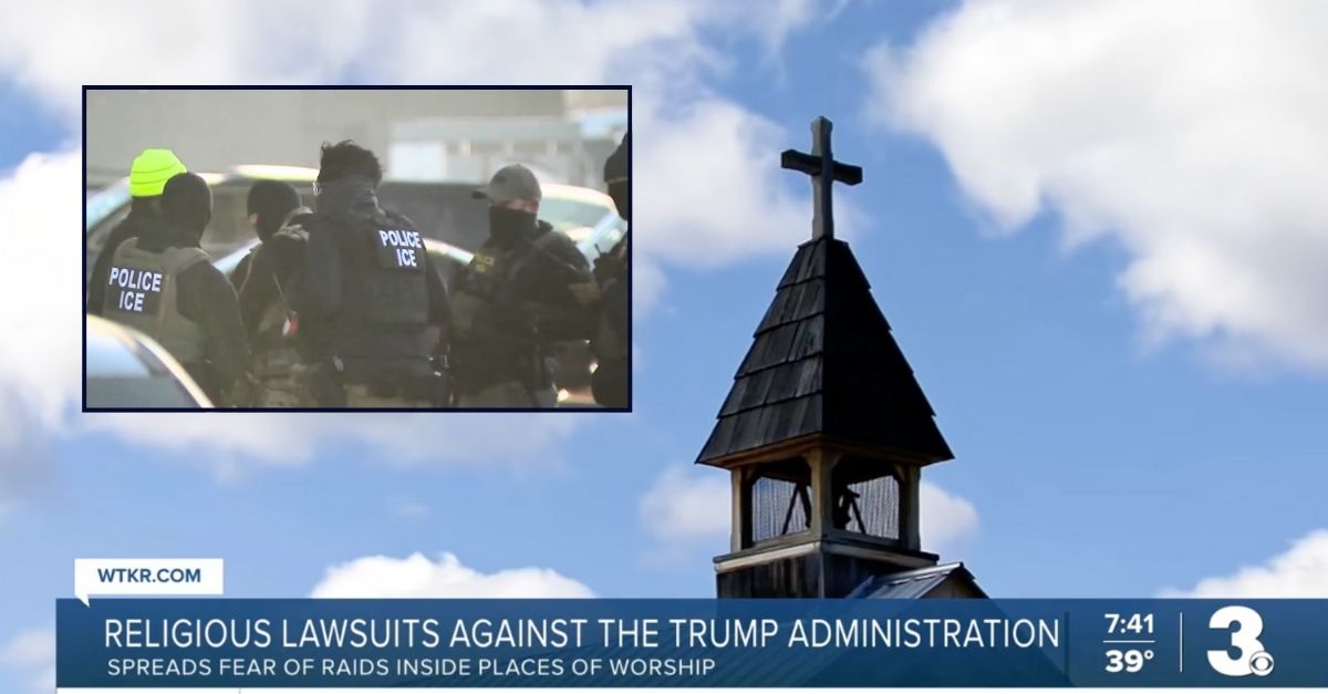 Inset: Immigration and Customs Enforcement agents in Denver, Colorado (KDVR/YouTube). Background: A church in Virginia (WTKR/YouTube)