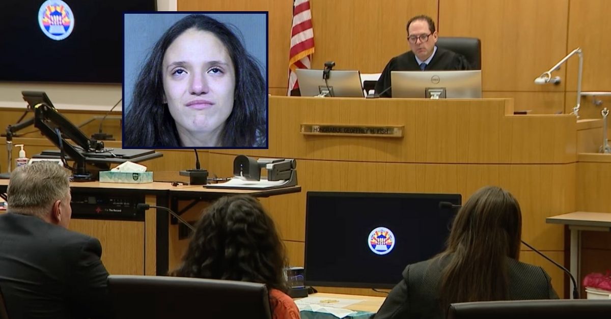 Rachel Henry, center, appears during her sentencing; she also appears inset in a booking photo.