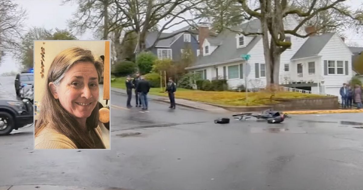 Inset: Marganne Allen (GoFundMe). Background: The scene where Allen was struck by a vehicle in Oregon (KPTV).