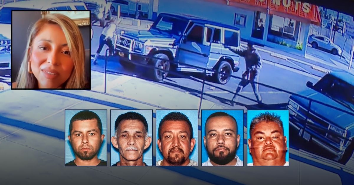 Top inset: Yesenia Torres (TikTok/KTTV). Bottom insets, from left: Gerardo Llamas, Arnoldo Ruelas, Reynaldo Ruelas, Juan Perez and Sergio Reveles (San Bernardino Police Department). Background: Surveillance video allegedly shows Llamas firing at Torres on Jan. 10, 2025, at a hamburger restaurant in San Bernardino, Calif. (San Bernardino Police Department).