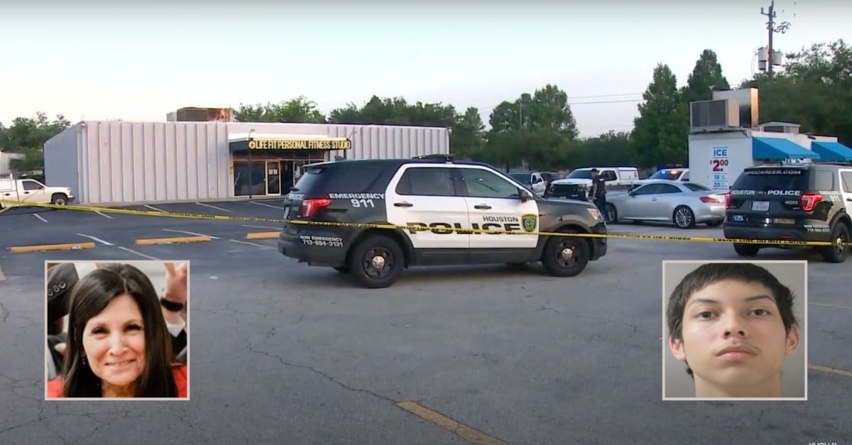 Left inset: Elsa Mikeska (GoFundMe). Ricardo Rivas (via KHOU). Right inset: Ricardo Rivas (via KHOU). Background: The parking lot where Mikeska was killed (KHOU).