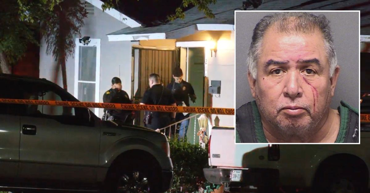 Inset: Martin Garcia (Bexar County Jail). Background: Authorities at the home where Garcia killed his wife (KSAT).