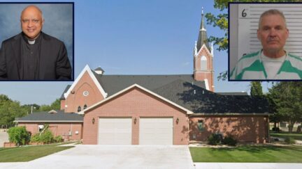 Inset, left to right: Fr. Arul Carasala (Archbishop Joseph F. Naumann) and Gary L. Hermesch (Nemaha County Sheriff's Office). Background: Saints Peter and Paul Catholic Church (Google Maps).