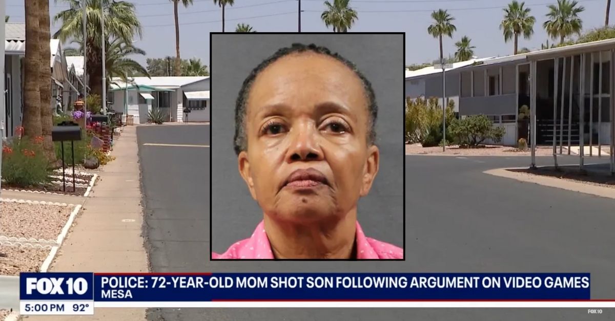 Inset: Hazel Benson (Mesa Police Department). Background: The neighborhood where Hazel Benson lives in Mesa, Ariz. (KSAX/YouTube).