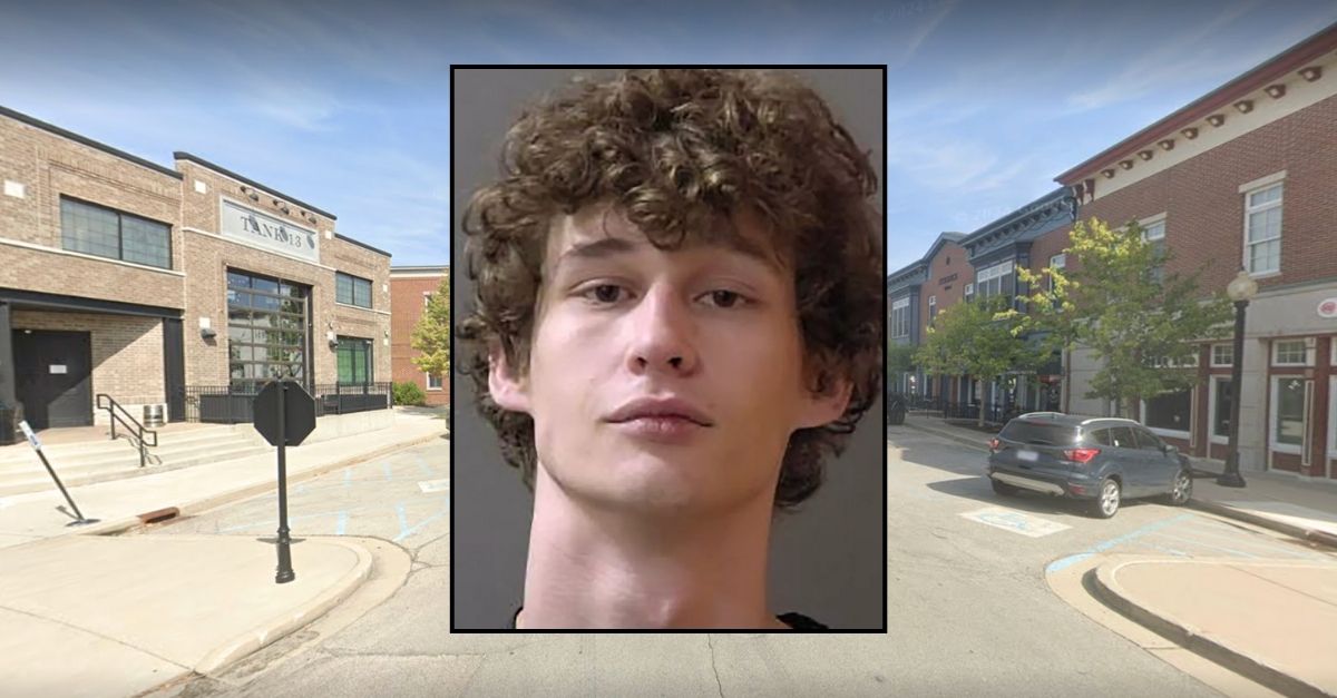 Inset: Jarrett Funke (Hamilton County). Background: The 2700 block of Meeting House Road in Carmel, Ind., where Jarrett Funke was arrested at a brewery (Google Maps).
