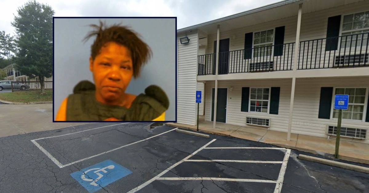 Olympia Laster inset against an image of a motel in Georgia.