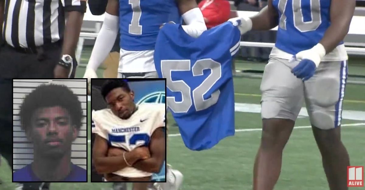 Left inset: Qua’vion Cooper (Meriwether County Jail). Right inset: High school football player Brandon Smith (GoFundMe). Background: Manchester High School football players honoring Brandon Smith during the 2023 Class A Division II championship at Mercedes-Benz Stadium in Atlanta, Ga., on Dec. 12, 2023 (WXIA/YouTube).