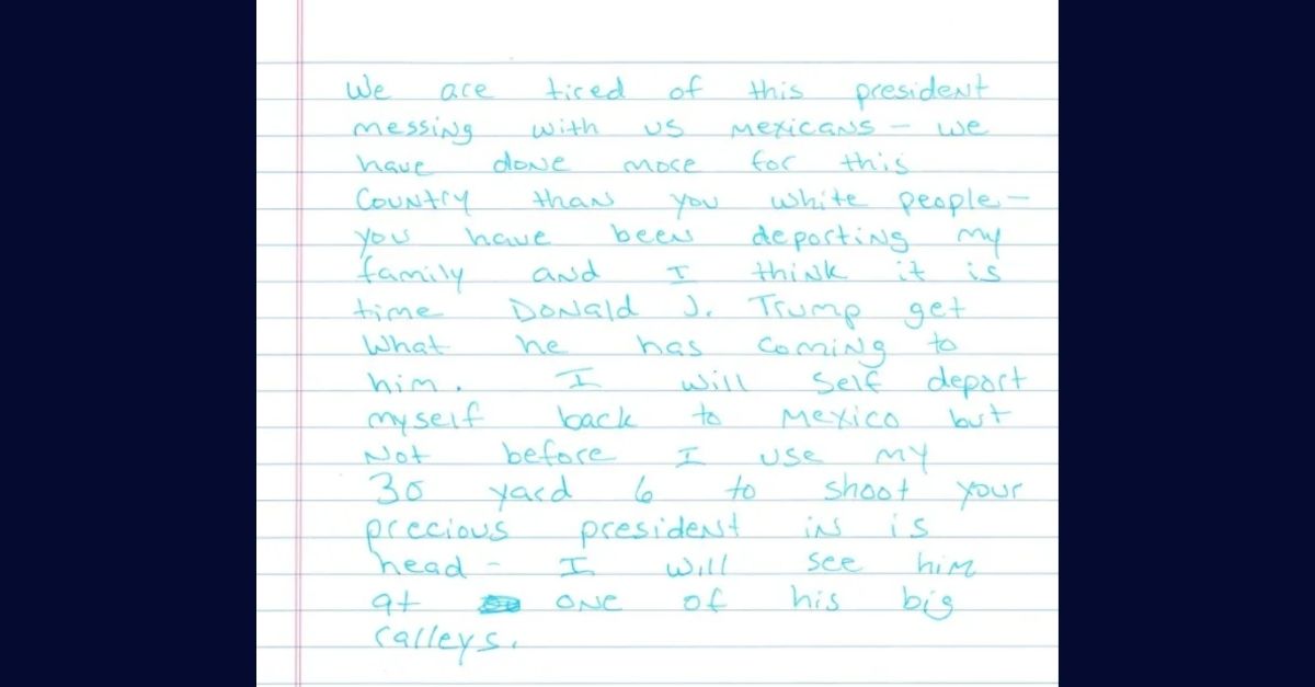 The letter that Ramon Morales Reyes allegedly sent to ICE about assassinating President Donald Trump (Homeland Security).