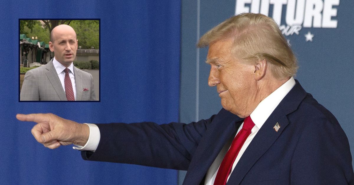 Stephen Miller appears inset against an representation  of Donald Trump pointing.