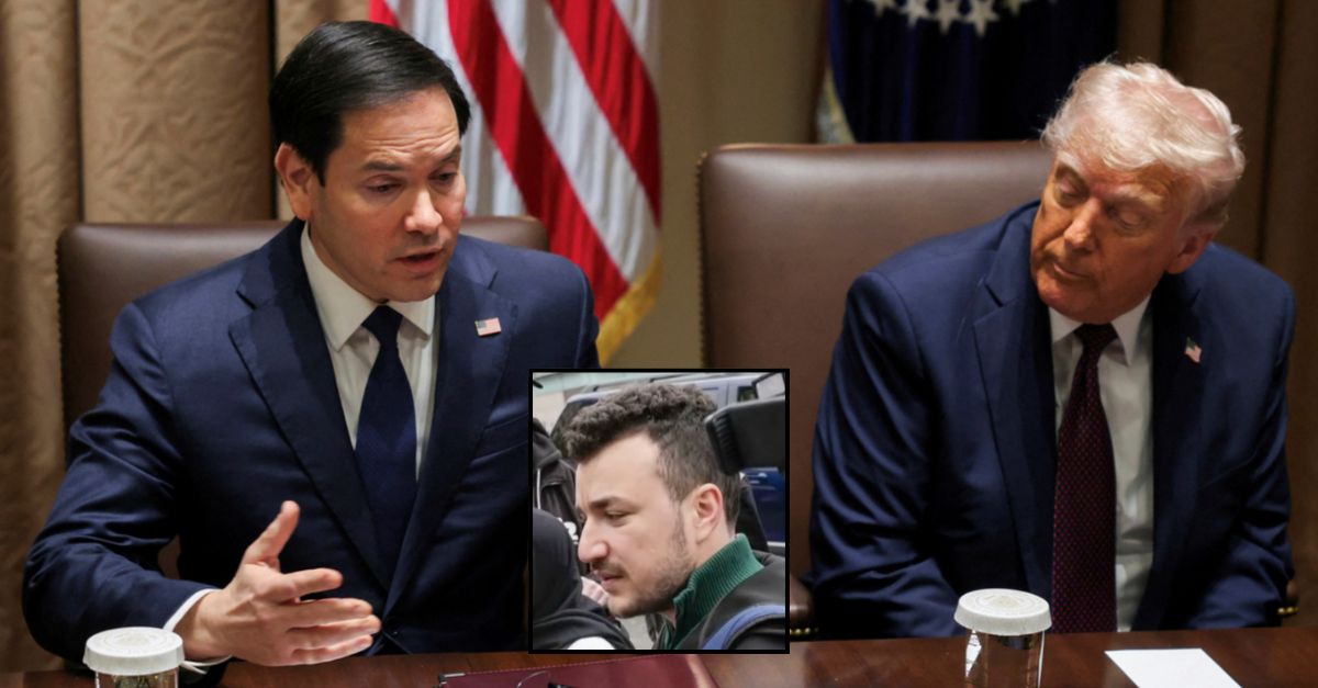 Inset: Mahmoud Khalil speaking to reporters (WCBS) Background: President Donald Trump listens as Secretary of State Marco Rubio speaks during a cabinet meeting at the White House in Washington, Monday, March 24, 2025 (Pool via AP).