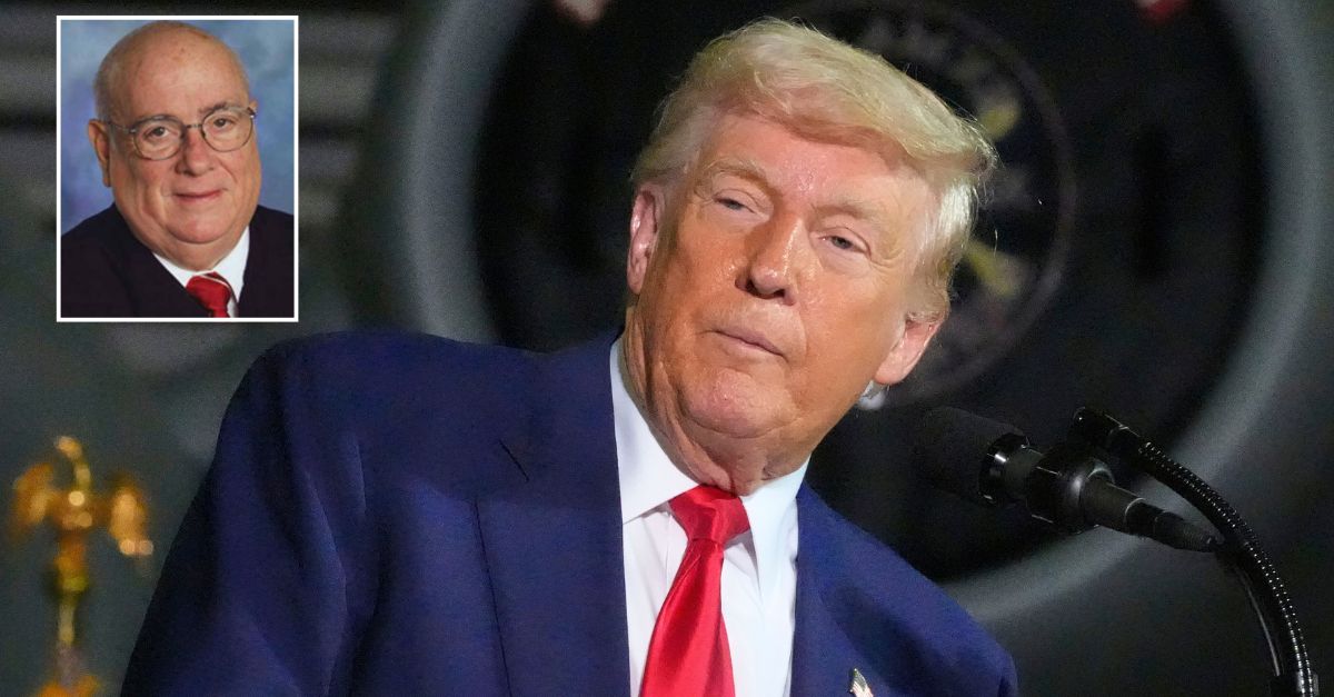 Main: President Donald Trump speaks to members of the Michigan National Guard at Selfridge Air National Guard Base, Tuesday, April 29, 2025, in Harrison Township, Michigan (AP Photo/Alex Brandon). Inset: District Judge Royce Lamberth (U.S. District Court for Washington, D.C.).