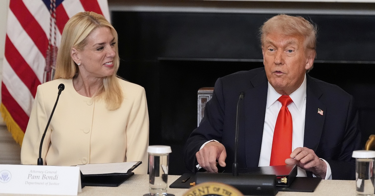 President Donald Trump speaks as Attorney General Pam Bondi listens during a meeting with the Fraternal Order of Police in the State Dinning Room of the White House, Thursday, June 5, 2025, in Washington (AP Photo/Alex Brandon).