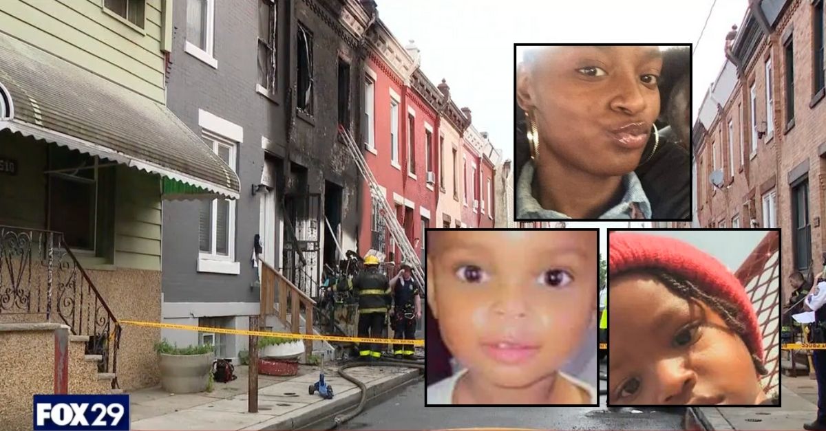 Insets: Ashley Thompson and her two children (GoFundMe). Background: Firefighters at the Thompson home in Philadelphia