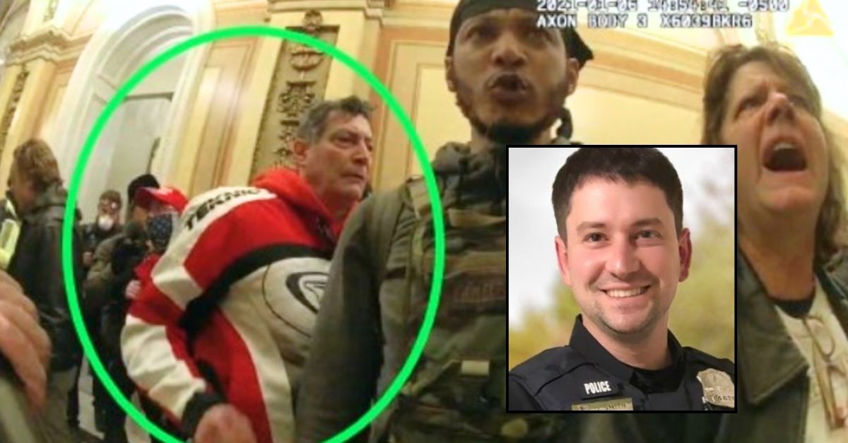 Background: David Walls-Kaufman inside the U.S. Capitol during the Jan. 6 attack, according to DOJ prosecutors (Department of Justice). Inset: Capitol Police Officer Jeffrey Smith (Jack Reznicki).