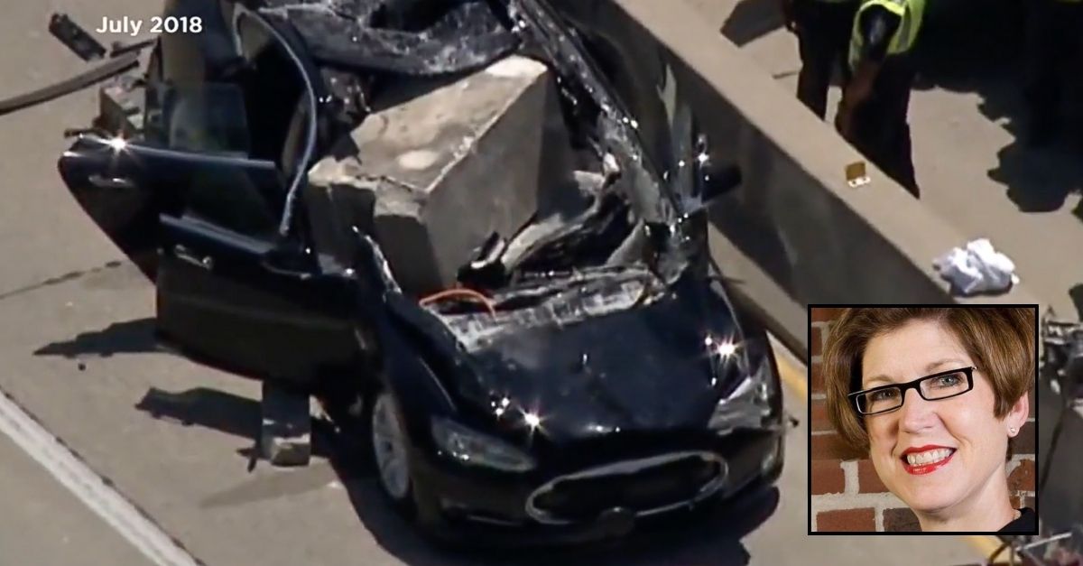 Inset: Janet Torrisi-Mokwa (KTVI/YouTube). Background: The car that Janet Torrisi-Mokwa was driving after a 2,900 pound piece of concrete landed on it (KMOV/YouTube).