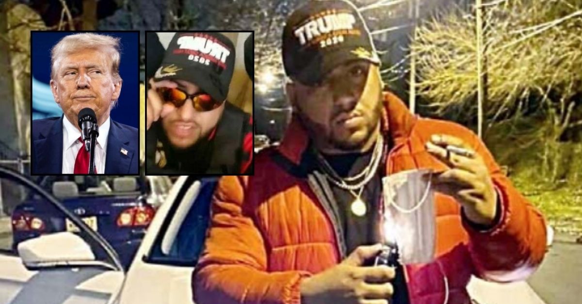 Background: Hector Vargos Santos (Justice Department). Left inset: Donald Trump speaks at the annual Road to Majority conference in Washington, DC, in June 2024 (Allison Bailey/NurPhoto via AP). Right inset: A selfie that Hector Vargas Santos allegedly took inside the U.S. Capitol during the Jan. 6 Capitol attack (DOJ).